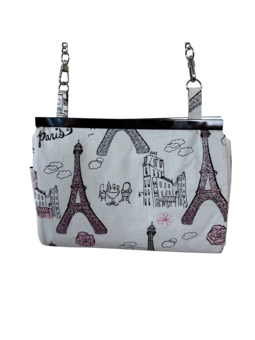 Handmade Clutch Small Shoulder Bag Purse Paris White Pink Glitter Fun Girly